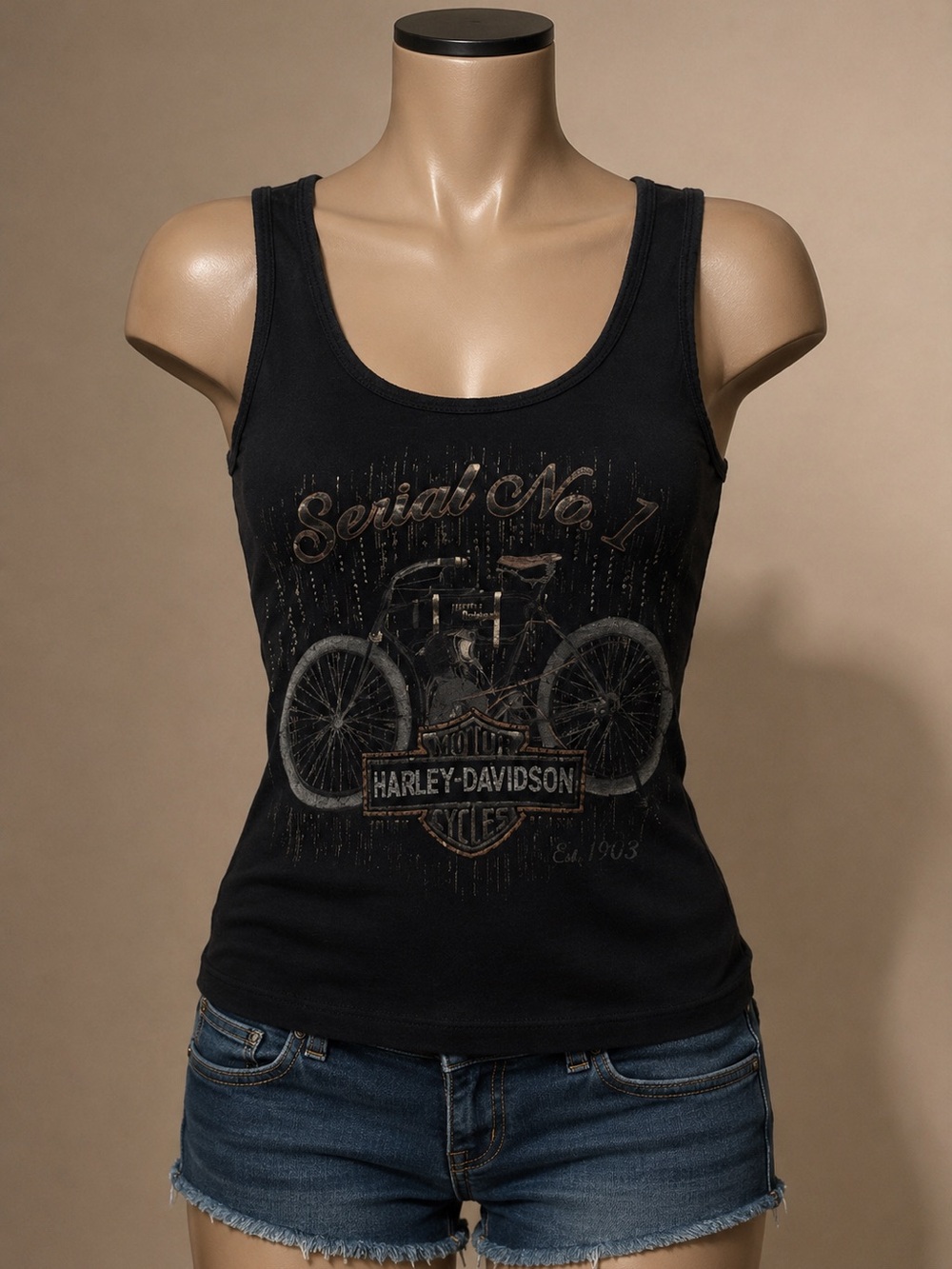 Harley-Davidson Black Tank with Vintage Motorcycle Graphic and Orange Trim